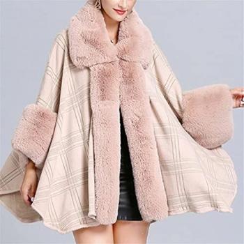 Cape Poncho Femme Fausse Fourrure Tartan Plaid Tricot Étole Châle Wrap Rose Taille Unique