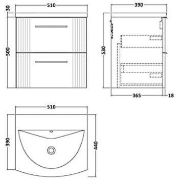Nuie Deco 500mm Wall Hung 2-Drawer Vanity