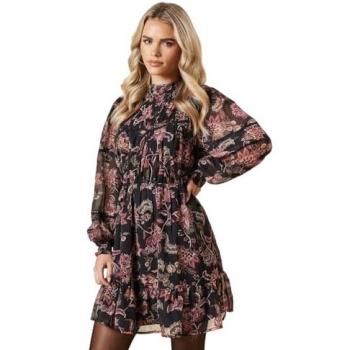 Womens Petite Floral Chiffon Mini Dress with Pleated Yoke