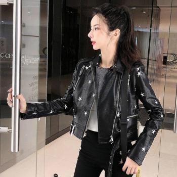 Celestial Embroidery Short Faux Leather Moto Outerwear – Women's Black Y598