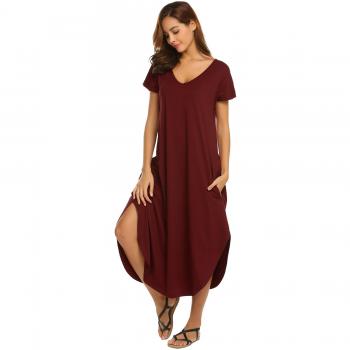 ADOME Damen Sommerkleid Kurzarm T-Shirt V-Ausschnitt mit Taschen, Weinrot, S