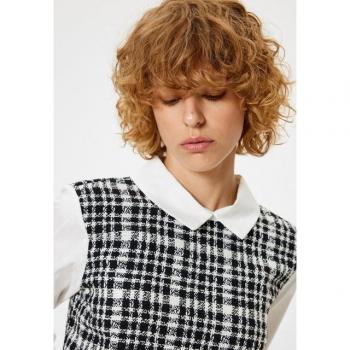 Koton Slim‑Fit Crop Top mit Tweed‑Details – Damen Hemdkragen, Größe 34