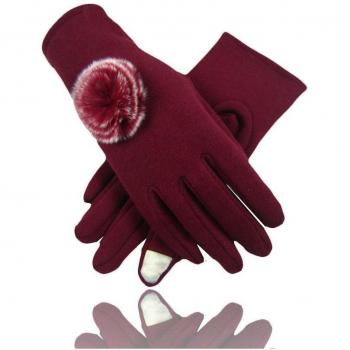 Guanti Cotone Bordeaux con Pon Pon e Fodera in Pile Taglia 8