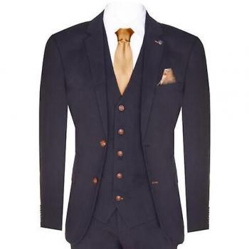 Paul Andrew Men's Black Suit 3-Piece with Brown Trim Classic Birdseye Vintage Wedding