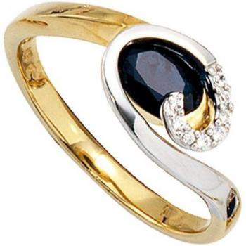 JOBO Damenring 585 Gold Gelbgold 1 blauer Safir 8 Diamanten Brillanten Größe 54