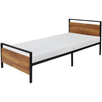 Metallbett 90x200 cm inkl. Matratze H:16cm Schwarz/Braun und Holz Kopf
