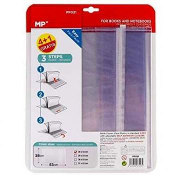 MP–Pack 5 Unidades, Forro Libros Transparente, Autoadhesivo, con Solapa Ajustable a Diferentes Anchuras, Forro de Libros Fácil de Colocar, Protector de Libros y Cuadernos