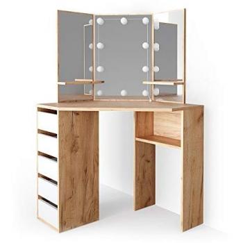 VICCO LED Kosmetiktisch ARIELLE Eckschminktisch mit Spiegel Eiche
