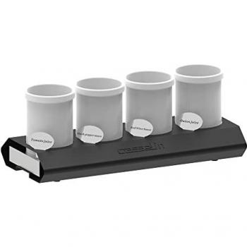 Support à sauces réfrigéré eutectique GN 2/4 – Acier peint époxy noir, 4 pots porcelaine Ø 125 × 145 mm, capacité 1,25 L chacun, plaque eutectique GN 2/4, maintien au froid jusqu’à 6 h, dimensions L 540 × P 245 × H 200 mm
