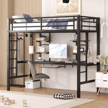 Lit mezzanine en métal noir avec bureau et rangement, 90x200cm