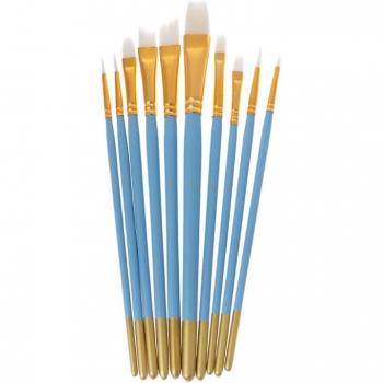 Bunte 10er Pinselbox: blau, Öl-Gouache, Nylon, Kuli‑Stil, weißes Finish