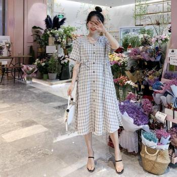 Cotton Nursing Dress for Pregnant Women Plus Size Short Sleeve O-Neck Drawstring Waist