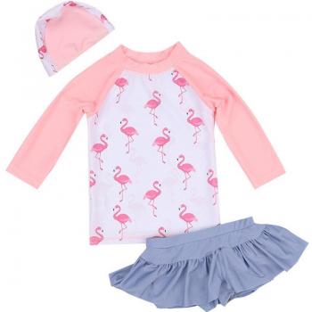 Flamingo Design Long Sleeve Two-Piece Bathing Suit for Girls 3-14 Years