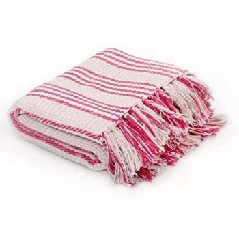 Plaid Rayé en Coton 220x250 cm Rose et Blanc