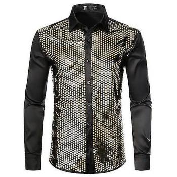 Camisa de Discoteca Negra con Lentejuelas Doradas para Hombre, Manga Larga, Talla S