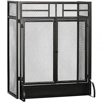 Freestanding Fireplace Screen, 3 Panel, Folding, HOMCOM, Black, Metal Mesh