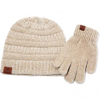Conjunto de Gorro y Guantes Chenilla Gruesos, Color Rosa