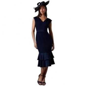 Back‑Crepe Navy Dress, Women’s Satin with Peplum – Coast, UK S14