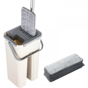 Microfiber Mop Bucket with Hands-Free Operation and 4 Cleaning Pads