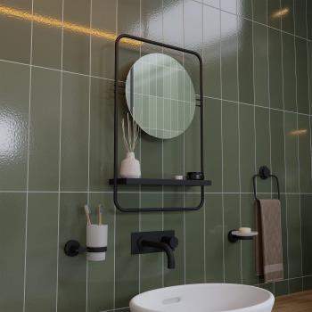 Croydex Furzton Round Wall Mirror with Shelf Black, Matt Black Steel