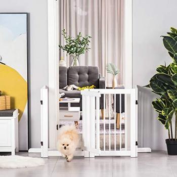 Barrera de madera para perros, 204 x 75 cm, Plegable con puerta
