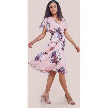 Goddiva Sustainable Floral Print Midi Wrap Dress with Butterfly Sleeves