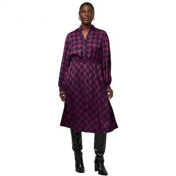 Ulla Popken Damen Midikleid grau Viskose Hahnentrittmuster Langarm