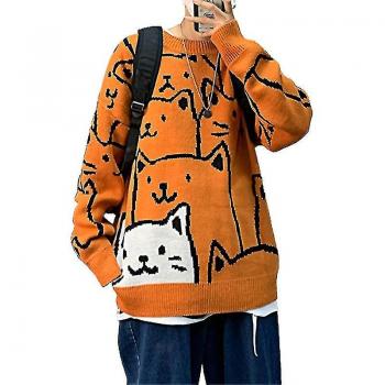 Top de Algodón Harajuku Gato Cartel Manga Larga Hombre Naranja
