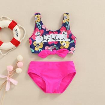 Meisjes Badmode Set 2-6T met Roze Rood Brief en Bloemenprint