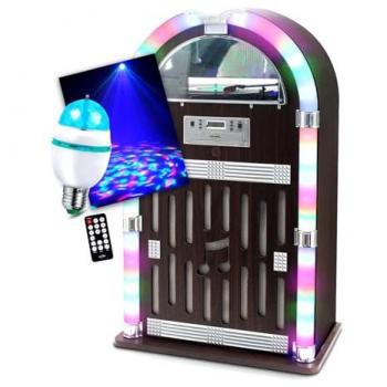 Chaîne Hifi Jukebox Rétro 60W avec platine vinyle, Bluetooth, CD, FM + télécommande, Ampoule LED E27 DIAMS