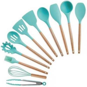 11-Piece Kitchen Tool Set in Light Green Silicone with Wooden Handles