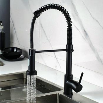 Single Handle Kitchen Faucet with Spring Pull Down Sprayer, Solid Brass, Silver and Black