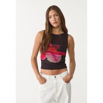 Stradivarius Top in Tulle Nero con Fiori d’Ibisco L
