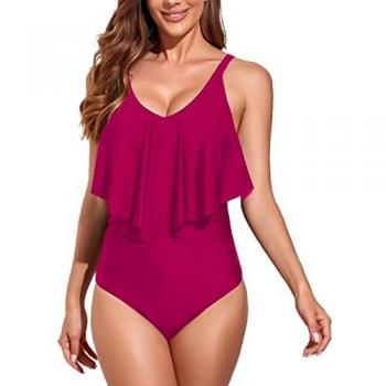 Pflaumen‑Bikini für Damen – Donppa Badeanzug mit Bauchkontrolle & Volants, XL