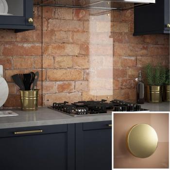 Clear Glass Splashback with Brushed Brass Fixing Caps 900 x 700 x 6mm
