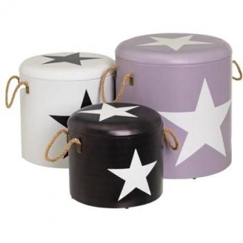 Set 3 Pouf Contenitori Star Ecopelle Capienti con Coperchio Rimovibile