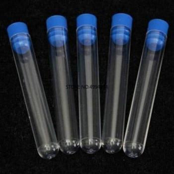 Tubes à essai 12x100mm plastique transparent 20 pièces avec bouchons poussoirs bleus/rouges