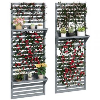 Set of 2 Grey Wall-Mounted Plant Stands with Slatted Shelves