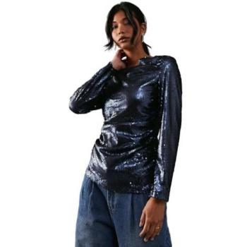 Navy Sequin Cowl Neck Ruched Top