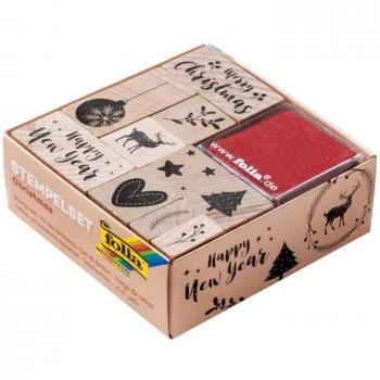 Folia Weihnachtsmotiv Holzstempel-Set mit 10 Stempeln und 2 Kissen