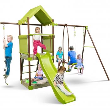 Aire de Jeux Extérieure GOPLUS 4‑en‑1 en Bois avec Échelle, Corde d’Escalade, Bac à Sable et Bascule – 205 kg