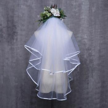 Tulle Wedding Veil with Two Layers and Ribbon Trim