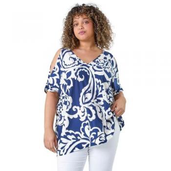 Cold Shoulder Floral Curve Top – Navy