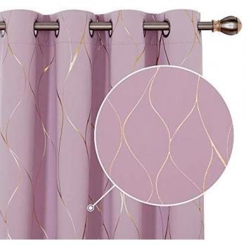 Deconovo Baby Pink Blackout Curtains, Eyelet Curtains, Thermal Insulated Gold Wave Foil Printed, 66 x 90 Inch