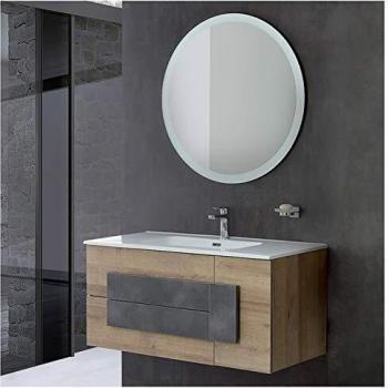 Mobile di Bagno Sospeso con Effetto Legno 80x47 cm e Specchio Tondo