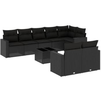 Set Divani da Giardino 9 pz in Polyrattan con Cuscini Neri