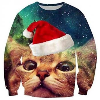 Galaxy Cat Sweater: Winter-Langarm, 3D-Print, Rundhals
