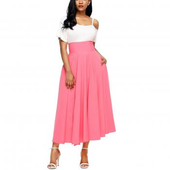 Annflat Women's Summer High-Waist Swing Skirt, Full-Length Pleated, Front Slit & Belt – Medium Pink