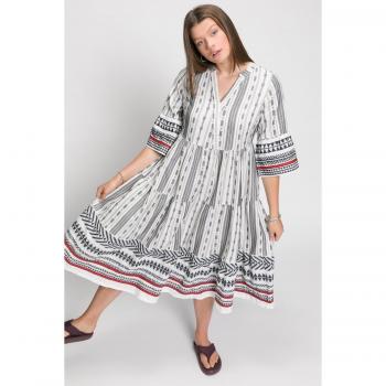Vestito etnico con volant e maniche a 3/4, Donna, Beige, Taglia: 48/50, Cotone