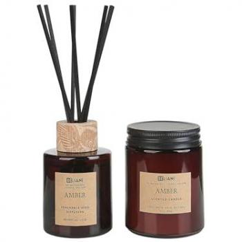 Conjunto de Vela y Difusor de Varillas de Soja 100% en Vidrio Oscuro Ámbar Elegancia Oriental